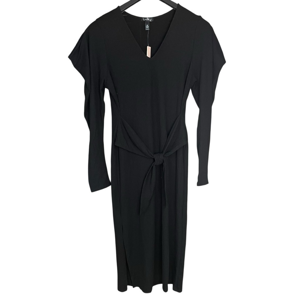 Aqua Ribbed Long Sweater Knit Dress Black